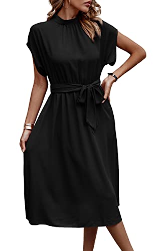 ASOMI Kleid Damen Elegant Casual Midikleid mit Taschen Flatterkurzarm Wickelkleid Stehkragen Einfarbig Maxikleid Lässig Sommer Freizeitkleid mit Gürtel 371-A Schwarz Medium von ASOMI