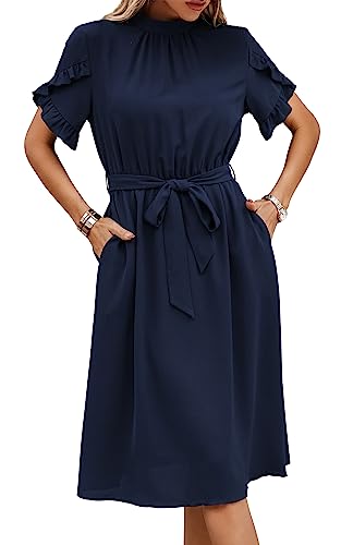 ASOMI Kleid Damen Elegant Casual Midikleid mit Taschen Flatterkurzarm Wickelkleid Stehkragen Einfarbig Maxikleid Lässig Sommer Freizeitkleid mit Gürtel 391 Dunkelblau Large von ASOMI