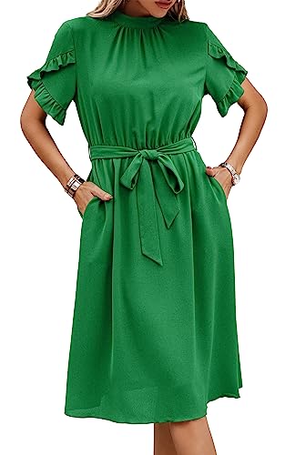 ASOMI Kleid Damen Elegant Casual Midikleid mit Taschen Flatterkurzarm Wickelkleid Stehkragen Einfarbig Maxikleid Lässig Sommer Freizeitkleid mit Gürtel 391 Grün Large von ASOMI