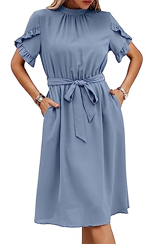 ASOMI Kleid Damen Elegant Casual Midikleid mit Taschen Flatterkurzarm Wickelkleid Stehkragen Einfarbig Maxikleid Lässig Sommer Freizeitkleid mit Gürtel 391 Hellgraublau Small von ASOMI