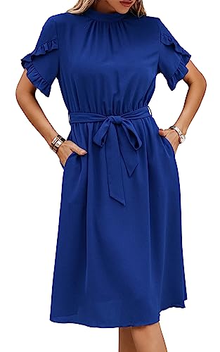 ASOMI Kleid Damen Elegant Casual Midikleid mit Taschen Flatterkurzarm Wickelkleid Stehkragen Einfarbig Maxikleid Lässig Sommer Freizeitkleid mit Gürtel 391 Leuchtendblau Medium von ASOMI