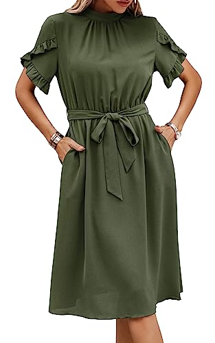 ASOMI Kleid Damen Elegant Casual Midikleid mit Taschen Flatterkurzarm Wickelkleid Stehkragen Einfarbig Maxikleid Lässig Sommer Freizeitkleid mit Gürtel 391 Olivgrün X-Large von ASOMI