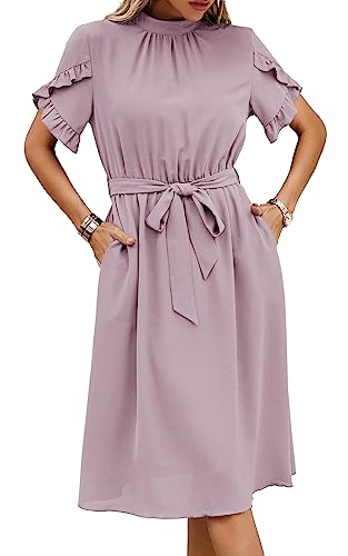 ASOMI Kleid Damen Elegant Casual Midikleid mit Taschen Flatterkurzarm Wickelkleid Stehkragen Einfarbig Maxikleid Lässig Sommer Freizeitkleid mit Gürtel 391 Rosa Medium von ASOMI