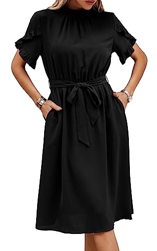 ASOMI Kleid Damen Elegant Casual Midikleid mit Taschen Flatterkurzarm Wickelkleid Stehkragen Einfarbig Maxikleid Lässig Sommer Freizeitkleid mit Gürtel 391 Schwarz Medium von ASOMI