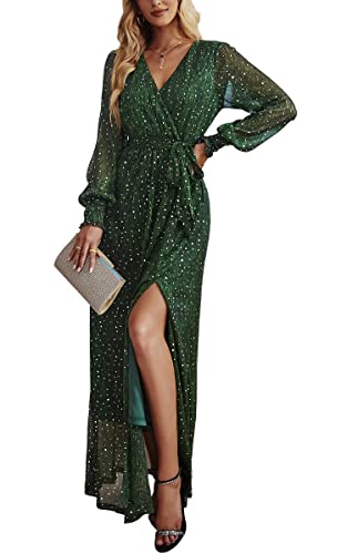 ASOMI Kleid Damen Polka Dot Pailletten Abendkleider Lang Elegant Sexy V-Ausschnitt Langarm Kurzarm Höhe Taille Schlitz Maxikleid mit Gürtel 347 Grün X-Large von ASOMI