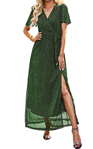 ASOMI Kleid Damen Polka Dot Pailletten Abendkleider Lang Elegant Sexy V-Ausschnitt Langarm Kurzarm Höhe Taille Schlitz Maxikleid mit Gürtel 368 Grün Medium von ASOMI