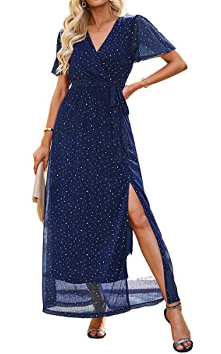 ASOMI Kleid Damen Polka Dot Pailletten Abendkleider Lang Elegant Sexy V-Ausschnitt Langarm Kurzarm Höhe Taille Schlitz Maxikleid mit Gürtel 368 Knallblau X-Large von ASOMI