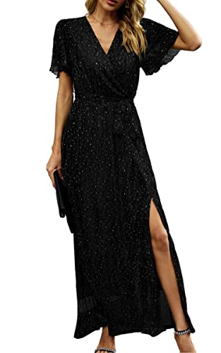 ASOMI Kleid Damen Polka Dot Pailletten Abendkleider Lang Elegant Sexy V-Ausschnitt Langarm Kurzarm Höhe Taille Schlitz Maxikleid mit Gürtel 368 Schwarz Medium von ASOMI