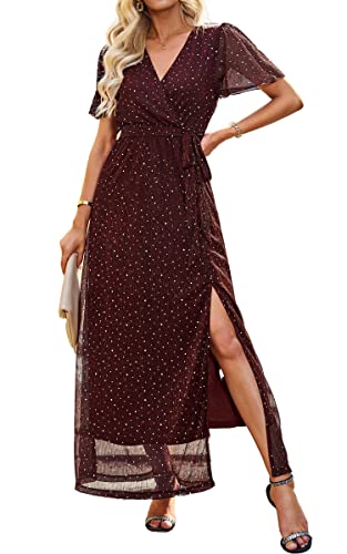 ASOMI Kleid Damen Polka Dot Pailletten Abendkleider Lang Elegant Sexy V-Ausschnitt Langarm Kurzarm Höhe Taille Schlitz Maxikleid mit Gürtel 368 Weinrot Large von ASOMI