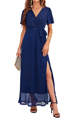 ASOMI Kleid Damen Polka Dot Pailletten Abendkleider Lang Elegant Sexy V-Ausschnitt Langarm Kurzarm Höhe Taille Schlitz Maxikleid mit Gürtel 373 Knallblau X-Large von ASOMI