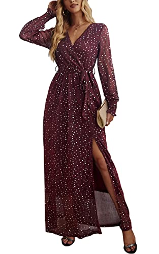 ASOMI Kleid Damen Polka Dot Pailletten Abendkleider Lang Elegant Sexy V-Ausschnitt Langarm Kurzarm Höhe Taille Schlitz Maxikleid mit Gürtel 347 Weinrot Large von ASOMI