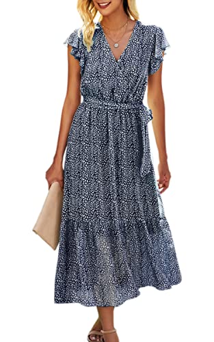 ASOMI Kleid Damen Sommer Boho: Blumen Herbst Wickelkleid Frühling Mode Lang Maxikleid V-Ausschnitt Casual Kurzarm Strandkleid Langarm Rüschen Freizeitkleid mit Gürtel 121 Dunkelblau 42 von ASOMI