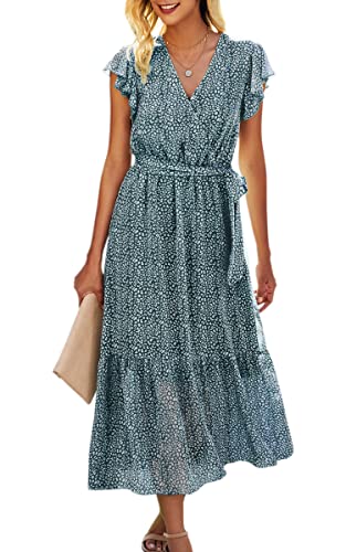 ASOMI Kleid Damen Sommer Boho: Blumen Herbst Wickelkleid Frühling Mode Lang Maxikleid V-Ausschnitt Casual Kurzarm Strandkleid Langarm Rüschen Freizeitkleid mit Gürtel 121 Dunkelgrün 40 von ASOMI