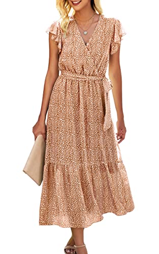 ASOMI Kleid Damen Sommer Boho: Blumen Herbst Wickelkleid Frühling Mode Lang Maxikleid V-Ausschnitt Casual Kurzarm Strandkleid Langarm Rüschen Freizeitkleid mit Gürtel 121 Kaffee 36 von ASOMI