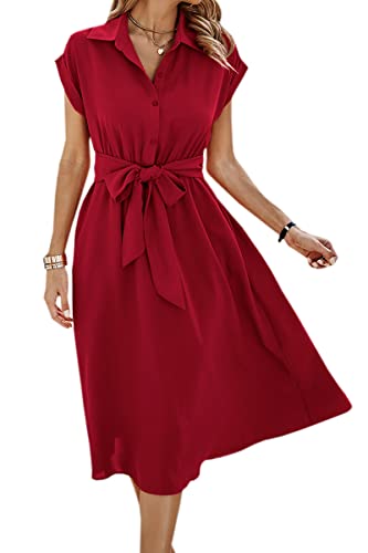 ASOMI Sommerkleid Damen Hemdkleid Kurzarm: Elegant Kurzarm Strandkleid Büro Wickelkleid Mode Tasche Hemdblusenkleid Lässig Blusenkleid Midikleid Knopf Plisseekleid V-Ausschnitt Gürtel A-Rot XL von ASOMI