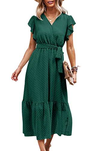 ASOMI Kleid Damen Sommer Lang V-Ausschnitt Wickelkleid Sommermode Kurzarm Langarm Blumen Rüschen Maxikleid Strandkleid mit Gürtel 171 Grün Large von ASOMI