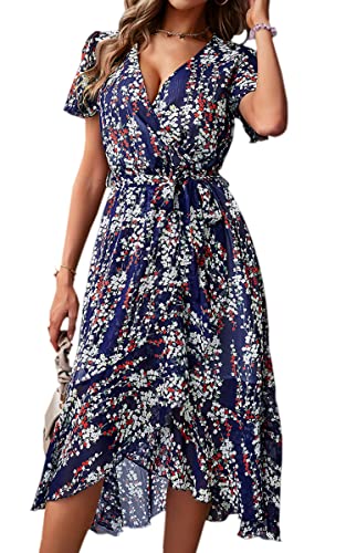 ASOMI Kleid Damen Sommer Lang V-Ausschnitt Wickelkleid Sommermode Kurzarm Langarm Blumen Rüschen Maxikleid Strandkleid mit Gürtel 283 Dunkelblau Medium von ASOMI