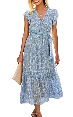 ASOMI Kleid Damen Sommer Boho: Blumen Herbst Wickelkleid Frühling Mode Lang Maxikleid V-Ausschnitt Casual Kurzarm Strandkleid Langarm Rüschen Freizeitkleid mit Gürtel 121 Hellblau 40 von ASOMI