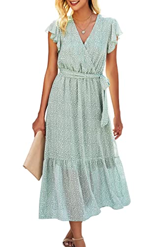 ASOMI Kleid Damen Sommer Lang V-Ausschnitt Wickelkleid Sommermode Kurzarm Langarm Blumen Rüschen Maxikleid Strandkleid mit Gürtel 121 Hellgrün Small von ASOMI