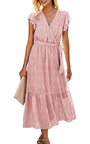 ASOMI Kleid Damen Sommer Lang V-Ausschnitt Wickelkleid Sommermode Kurzarm Langarm Blumen Rüschen Maxikleid Strandkleid mit Gürtel 121 Rosa Medium von ASOMI