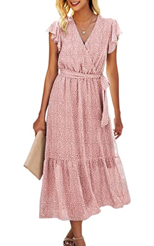 ASOMI Kleid Damen Sommer Boho: Blumen Herbst Wickelkleid Frühling Mode Lang Maxikleid V-Ausschnitt Casual Kurzarm Strandkleid Langarm Rüschen Freizeitkleid mit Gürtel 121 Rosa 42 von ASOMI