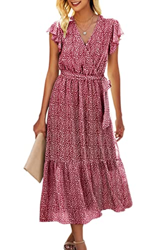 ASOMI Kleid Damen Sommer Lang V-Ausschnitt Wickelkleid Sommermode Kurzarm Langarm Blumen Rüschen Maxikleid Strandkleid mit Gürtel 121 Rot Large von ASOMI