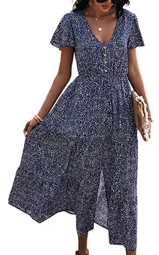 ASOMI Kleid Damen Sommer Lang V-Ausschnitt Wickelkleid Sommermode Kurzarm Langarm Blumen Rüschen Maxikleid Strandkleid mit Gürtel 167 Dunkelblau X-Large von ASOMI