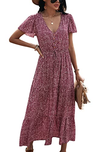 ASOMI Kleid Damen Sommer Lang V-Ausschnitt Wickelkleid Sommermode Kurzarm Langarm Blumen Rüschen Maxikleid Strandkleid mit Gürtel 167 Weinrot Small von ASOMI