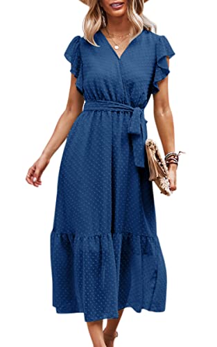 ASOMI Kleid Damen Sommer Lang V-Ausschnitt Wickelkleid Sommermode Kurzarm Langarm Blumen Rüschen Maxikleid Strandkleid mit Gürtel 171 Blau Small von ASOMI