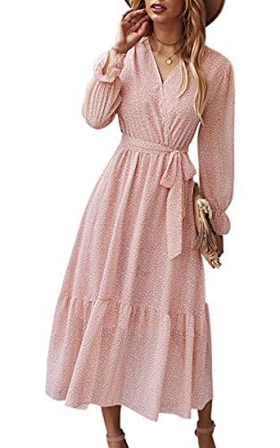 ASOMI Kleid Damen Sommer Lang V-Ausschnitt Wickelkleid Sommermode Kurzarm Langarm Blumen Rüschen Maxikleid Strandkleid mit Gürtel 211 Rosa X-Large von ASOMI