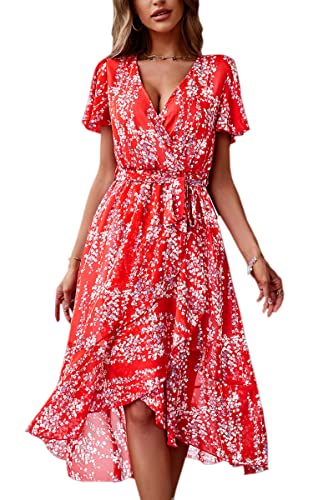 ASOMI Kleid Damen Sommer Lang V-Ausschnitt Wickelkleid Sommermode Kurzarm Langarm Blumen Rüschen Maxikleid Strandkleid mit Gürtel 283 Rot X-Large von ASOMI