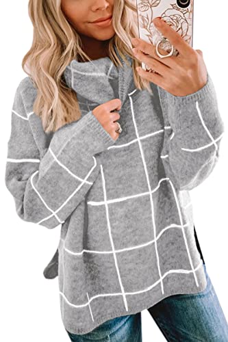 ASOMI Strickpullover Damen Gestreift Kariert: Elegant Rollkragen Pullover Winterpullover Warm Herbst Strickpulli Lässig Rundhals Farbblock Pulli Langarm Mode Übergangspullover 14Grau S von ASOMI