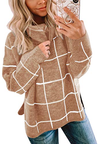 ASOMI Strickpullover Damen Gestreift Kariert: Elegant Rollkragen Pullover Winterpullover Warm Herbst Strickpulli Lässig Rundhals Farbblock Pulli Langarm Mode Übergangspullover 014Khaki S von ASOMI