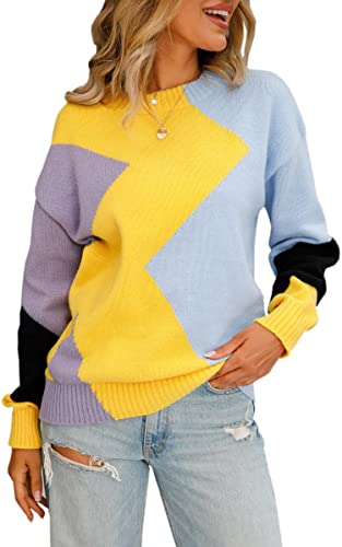 ASOMI Strickpullover Damen Gestreift Kariert: Elegant Rollkragen Pullover Winterpullover Warm Herbst Strickpulli Lässig Rundhals Farbblock Pulli Langarm Mode Übergangspullover 12Gelb M von ASOMI