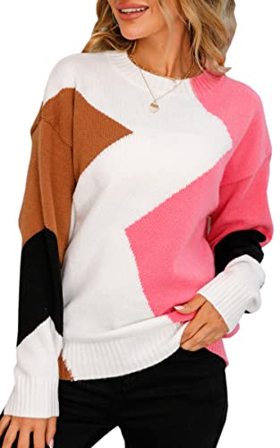 ASOMI Strickpullover Damen Gestreift Kariert: Elegant Rollkragen Pullover Winterpullover Warm Herbst Strickpulli Lässig Rundhals Farbblock Pulli Langarm Mode Übergangspullover 12Rosa L von ASOMI