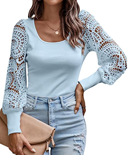 ASOMI Bluse Damen Elegant Pullover - Shirt Langarm Schulterfrei Swiss Dot Oberteile Tunika Puffärmel Top Frühling Herbst Winter 334 Hellblau X-Large von ASOMI