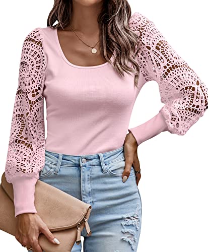 ASOMI Bluse Damen Elegant Pullover - Shirt Langarm Schulterfrei Swiss Dot Oberteile Tunika Puffärmel Top Frühling Herbst Winter 334 Rosa Large von ASOMI