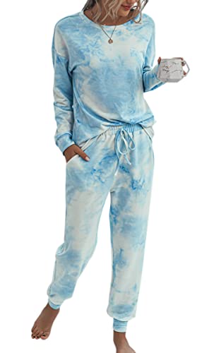 ASOMI Pyjama Damen Lang Schlafanzug Langarm Oberteil Lang Hosenanzug Tie Dye Zweiteilige Nachtwäsche Loungewear mit Taschen 035 Blau Weiß Small von ASOMI