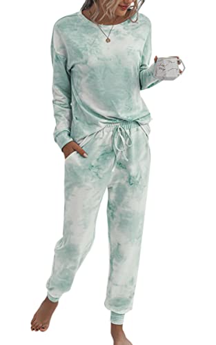 ASOMI Pyjama Damen Lang Schlafanzug Langarm Oberteil Lang Hosenanzug Tie Dye Zweiteilige Nachtwäsche Loungewear mit Taschen 035 Grün Weiß Small von ASOMI