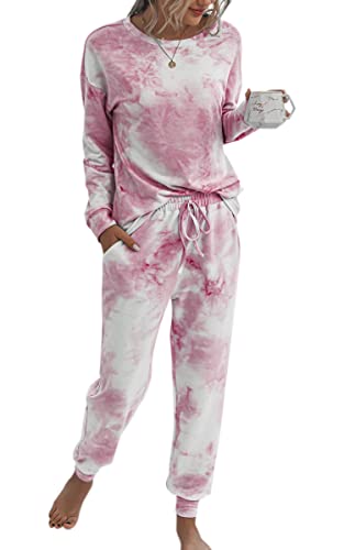 ASOMI Pyjama Damen Lang Schlafanzug Langarm Oberteil Lang Hosenanzug Tie Dye Zweiteilige Nachtwäsche Loungewear mit Taschen 035 Rosa Weiß Small von ASOMI