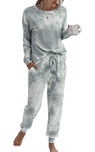 ASOMI Pyjama Damen Lang Schlafanzug Langarm Oberteil Lang Hosenanzug Tie Dye Zweiteilige Nachtwäsche Loungewear mit Taschen 035 Grau Weiß Small 2 von ASOMI
