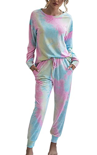 ASOMI Pyjama Damen Lang Schlafanzug Langarm Oberteil Lang Hosenanzug Tie Dye Zweiteilige Nachtwäsche Loungewear mit Taschen 035 Rosa Blaugrün Small 2 von ASOMI