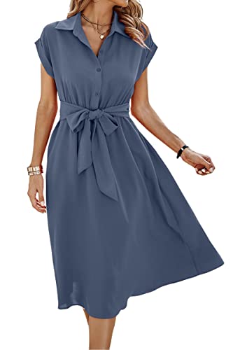 ASOMI Sommerkleid Damen Hemdkleid Kurzarm: Elegant Kurzarm Strandkleid Büro Wickelkleid Mode Tasche Hemdblusenkleid Lässig Blusenkleid Midikleid Knopf Plisseekleid V-Ausschnitt Gürtel A-Graublau S von ASOMI