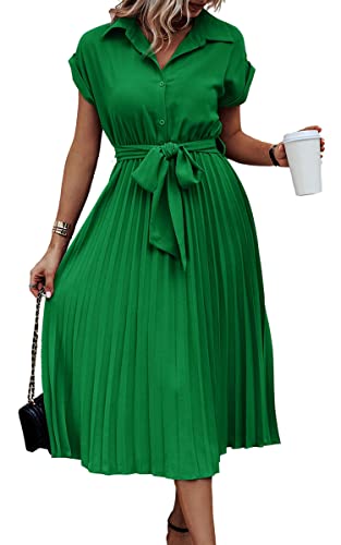 ASOMI Sommerkleid Damen Hemdkleid Kurzarm: Elegant Kurzarm Strandkleid Büro Wickelkleid Mode Tasche Hemdblusenkleid Lässig Blusenkleid Midikleid Knopf Plisseekleid V-Ausschnitt Gürtel B-Grün S von ASOMI