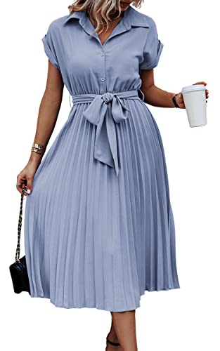ASOMI Sommerkleid Damen Hemdkleid Kurzarm: Elegant Kurzarm Strandkleid Büro Wickelkleid Mode Tasche Hemdblusenkleid Lässig Blusenkleid Midikleid Knopf Plisseekleid V-Ausschnitt Gürtel B-Hellblau M von ASOMI