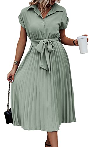 ASOMI Sommerkleid Damen Hemdkleid Kurzarm: Elegant Kurzarm Strandkleid Büro Wickelkleid Mode Tasche Hemdblusenkleid Lässig Blusenkleid Midikleid Knopf Plisseekleid V-Ausschnitt Gürtel B-Lichtgrün L von ASOMI