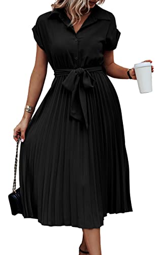 ASOMI Sommerkleid Damen Hemdkleid Kurzarm: Elegant Kurzarm Strandkleid Büro Wickelkleid Mode Tasche Hemdblusenkleid Lässig Blusenkleid Midikleid Knopf Plisseekleid V-Ausschnitt Gürtel B-Schwarz XL von ASOMI