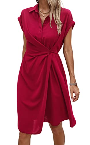 ASOMI Sommerkleid Damen Hemdkleid Kurzarm: Elegant Kurzarm Strandkleid Büro Wickelkleid Mode Tasche Hemdblusenkleid Lässig Blusenkleid Midikleid Knopf Plisseekleid V-Ausschnitt Gürtel D-Rot L von ASOMI