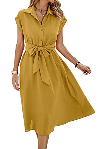 ASOMI Sommerkleid Damen Knielang Strandkleid Damen Hawaii Wickelkleid Damen Sommer Kleid Damen Elegant Blusenkleid Damen Frühling Kurzarm Midikleid Damen V-Ausschnitt Knopf A-Gelb S von ASOMI