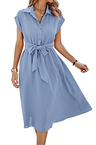 ASOMI Sommerkleid Damen Hemdkleid Kurzarm: Elegant Kurzarm Strandkleid Büro Wickelkleid Mode Tasche Hemdblusenkleid Lässig Blusenkleid Midikleid Knopf Plisseekleid V-Ausschnitt Gürtel A-Hellblau S von ASOMI